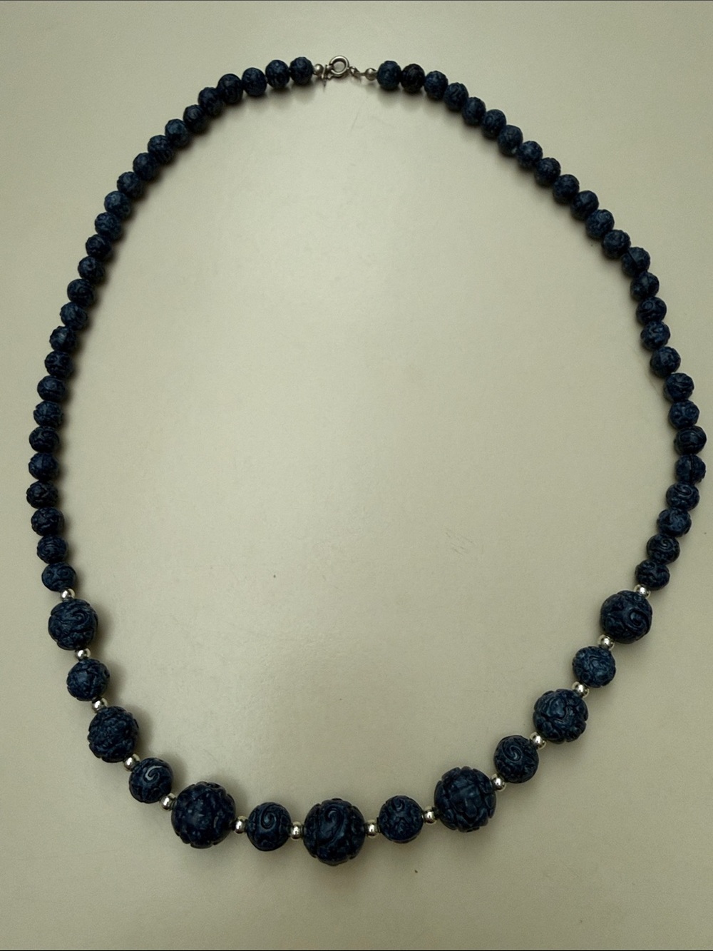 Vintage Simulated Carved Lapis Shou Longevity Bead Necklace